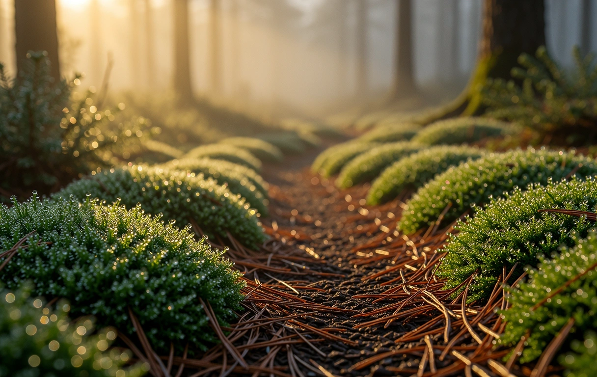 Morgendlicher Waldpfad im Nebel